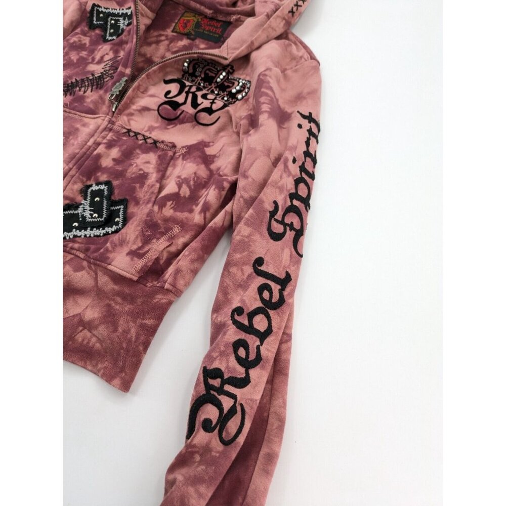 Rebel Spirit Pink Tie-Dye Zip Hoodie with Embroidered Patches - Picture 11 of 13